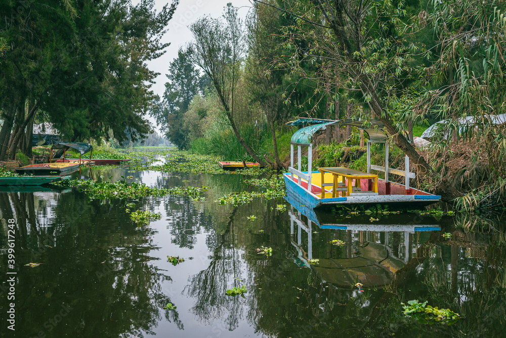 Trajineras en los canales de Xochimilco en México