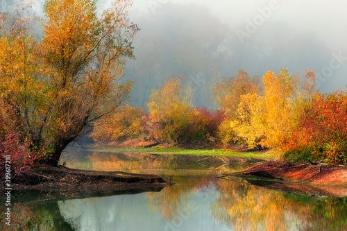 Fototapeta Naklejka Na Ścianę i Meble -  Autumn Colors and fog enhance the forest and pond