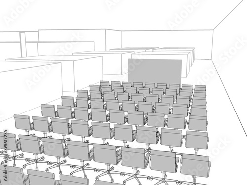 Abstract 3d illustration of a conference - presentation area in an exhibition hall. Grey colored armchairs in a white background. 