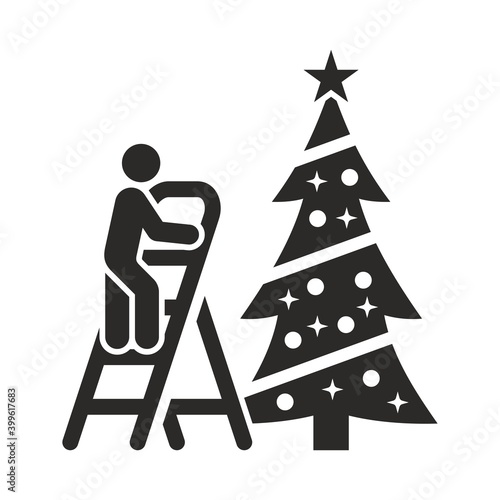 Young man decorating a Christmas tree. Christmas tree icon. Vector icon isolated on white background.