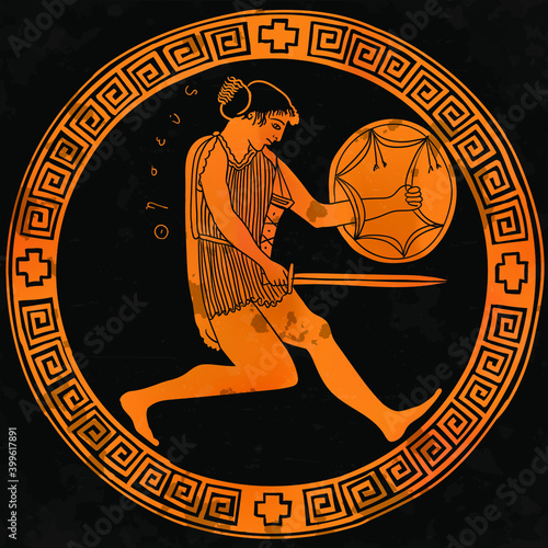 The ancient Greek hero Theseus with a sword and shield in his hands prepares for an attack. Drawing in a frame with national ornament meander on antique dishes.