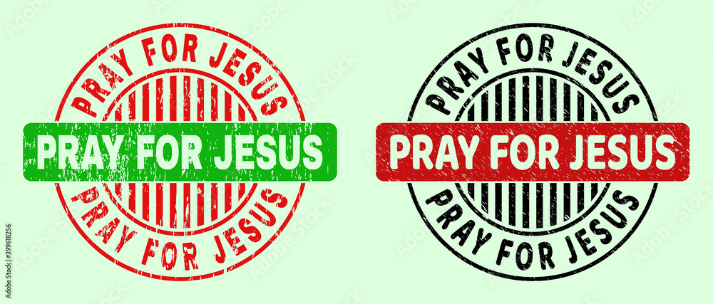 PRAY FOR JESUS bicolor round watermarks with corroded texture. Flat vector scratched seal stamps with PRAY FOR JESUS message inside round shape, in red, black, green colors. Round bicolor stamps.