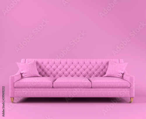 Modern scandinavian classic pink sofa with wooden legs and pillows on pink background. Furniture, interior object, stylish sofa. Pink creative interior, showroom. Fabric sofa front view. Single piece