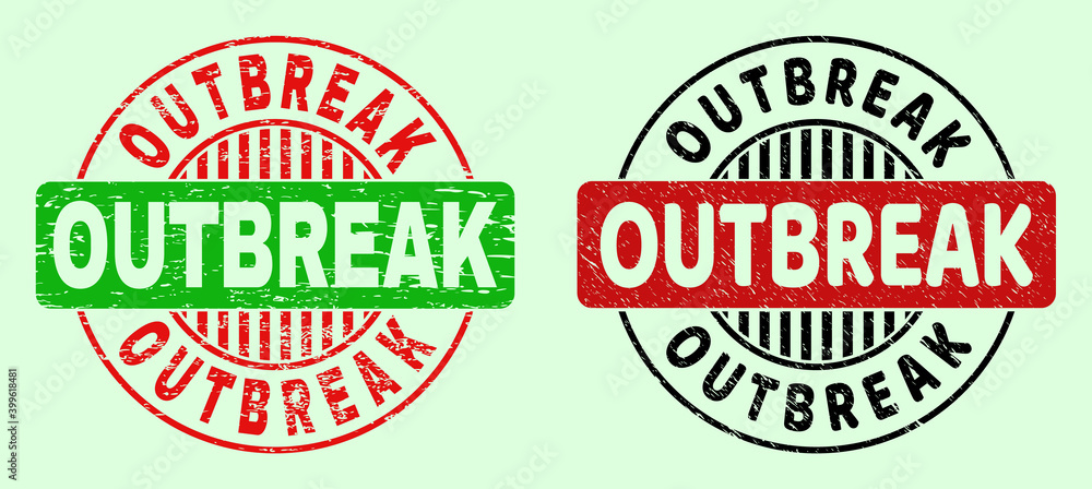 OUTBREAK bicolor round watermarks with unclean style. Flat vector grunge watermarks using OUTBREAK caption inside circle, in red, black, green colors. Round bicolor watermarks. OUTBREAK bicolor round watermarks with unclean style. Flat vector grunge watermarks using OUTBREAK caption inside circle, in red, black, green colors. Round bicolor watermarks.