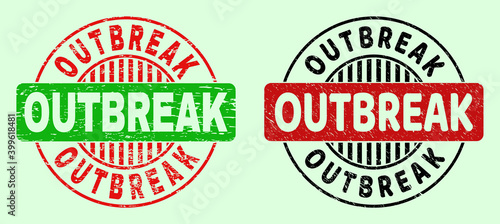 OUTBREAK bicolor round watermarks with unclean style. Flat vector grunge watermarks using OUTBREAK caption inside circle, in red, black, green colors. Round bicolor watermarks.