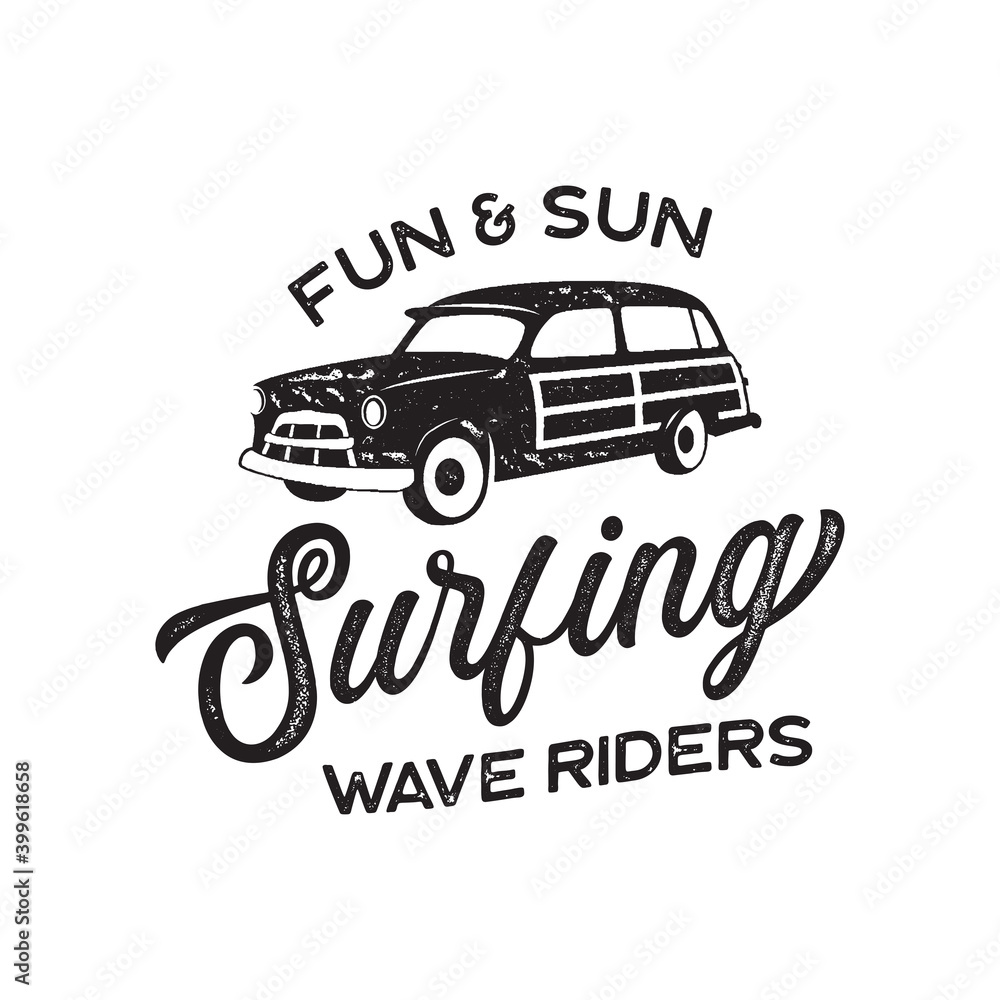 Vintage surf logo print design for t-shirt and other uses. Fun and Sun typography quote calligraphy and van icon. Unusual hand drawn surfing graphic patch emblem. Stock