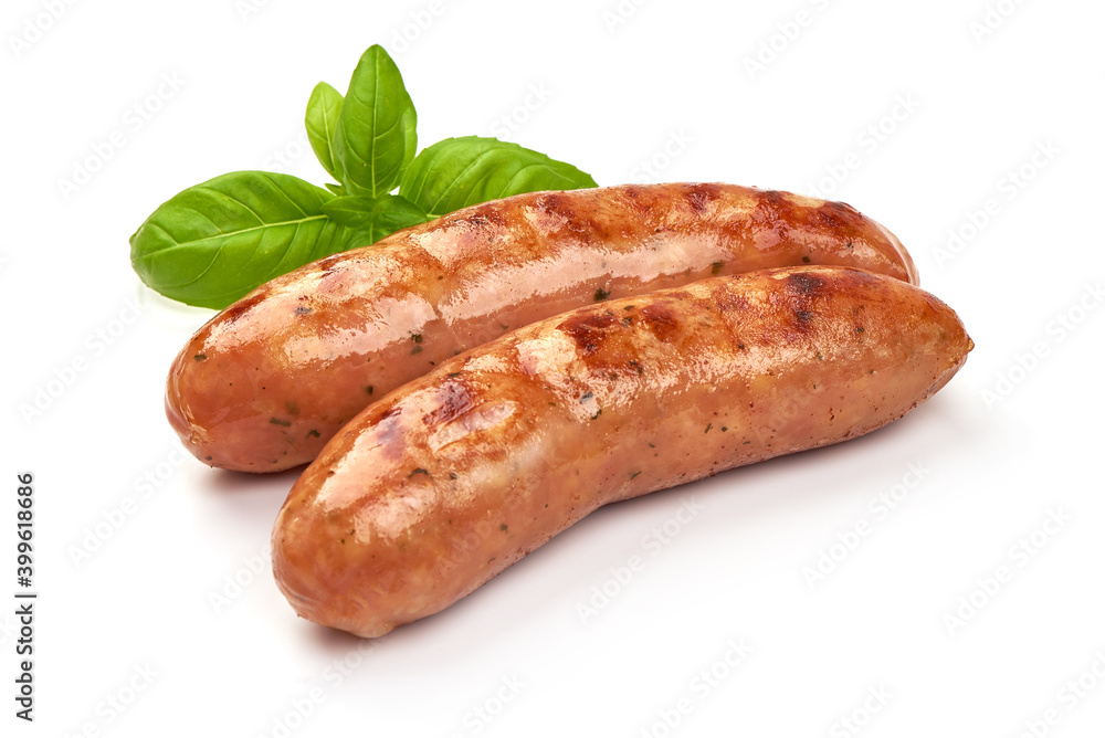 Grilled bavarian sausages, isolated on white background Grilled bavarian sausages, isolated on white background