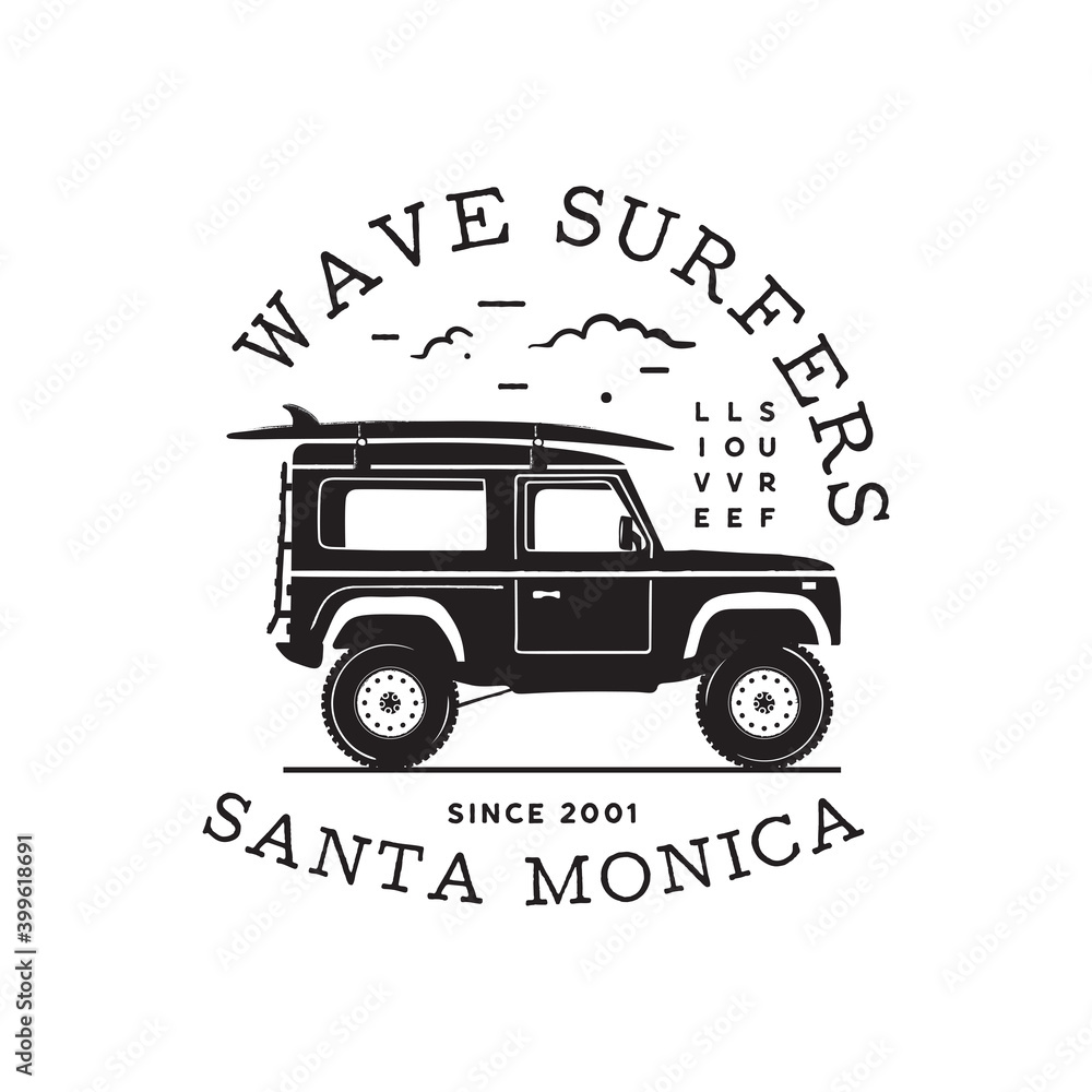 Vintage surf logo print design for t-shirt and other uses. Wave Surfers typography quote calligraphy and van icon. Unusual hand drawn surfing graphic patch emblem. Stock