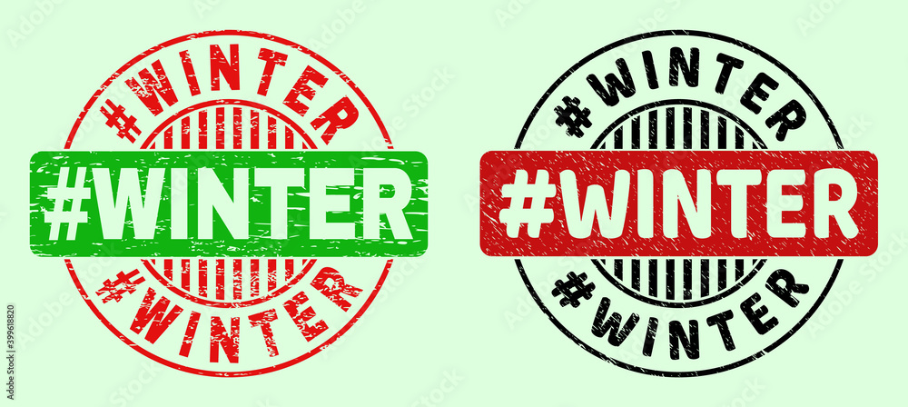 #WINTER bicolor round watermarks with unclean texture. Flat vector scratched stamps with #WINTER message inside round shape, in red, black, green colors. Rounded bicolor stamps. #WINTER bicolor round watermarks with unclean texture. Flat vector scratched stamps with #WINTER message inside round shape, in red, black, green colors. Rounded bicolor stamps.