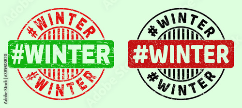 #WINTER bicolor round watermarks with unclean texture. Flat vector scratched stamps with #WINTER message inside round shape, in red, black, green colors. Rounded bicolor stamps.