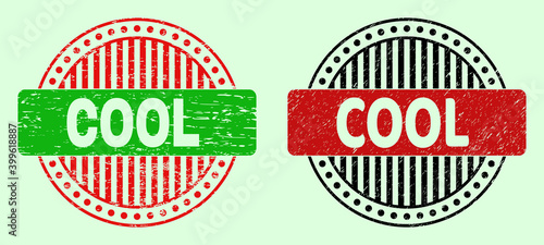 COOL bicolor round rubber imitations with corroded surface. Flat vector textured stamps with COOL message inside circle, in red, black, green colors. Round bicolor stamps.