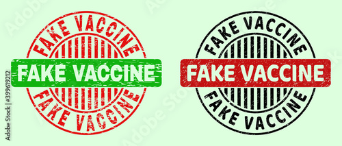 FAKE VACCINE bicolor round watermarks with grunged surface. Flat vector distress watermarks with FAKE VACCINE caption inside round shape, in red, black, green colors. Rounded bicolour watermarks.