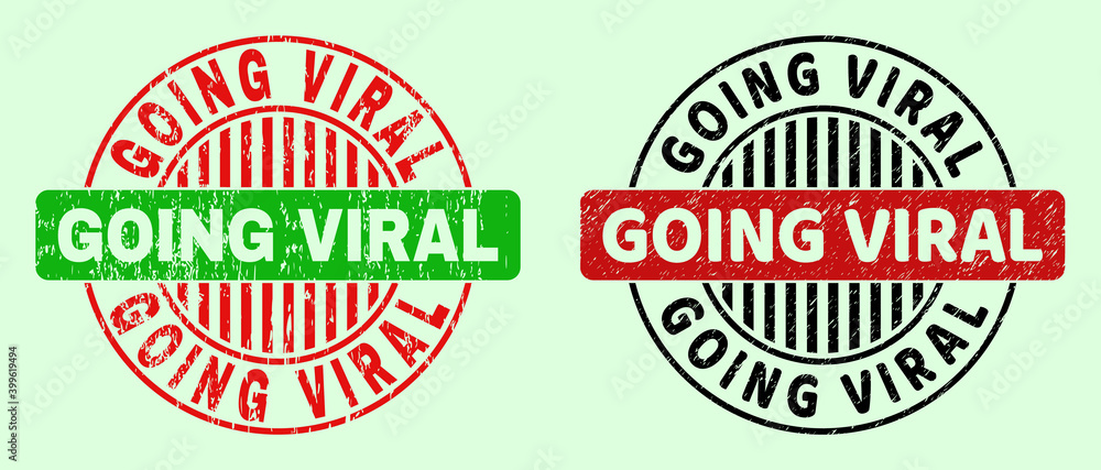 GOING VIRAL bicolor round watermarks with scratched texture. Flat vector scratched watermarks with GOING VIRAL phrase inside circle, in red, black, green colors. Round bicolour seals. GOING VIRAL bicolor round watermarks with scratched texture. Flat vector scratched watermarks with GOING VIRAL phrase inside circle, in red, black, green colors. Round bicolour seals.
