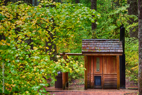 Billede på lærred McKenzie Pass public outhouse and fall colors