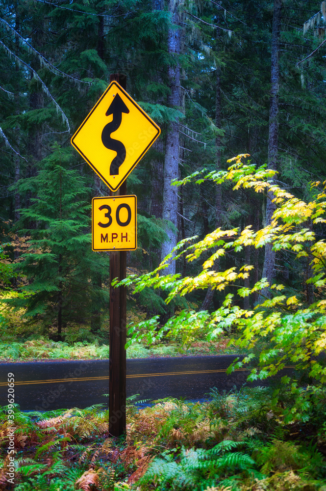 McKenzie Pass road sign to drive slow due to curves