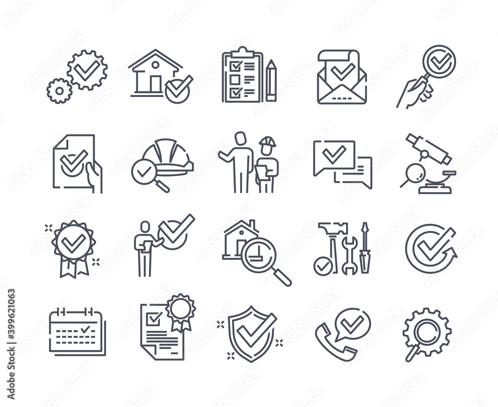 Simple Set of black and white inspection related vector line icons. Check, Testing, Endorsing, Examination and more. Editable Stroke. Simple Set of black and white inspection related vector line icons. Check, Testing, Endorsing, Examination and more. Editable Stroke.