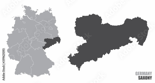 The Saxony dark silhouette map and its location in Germany