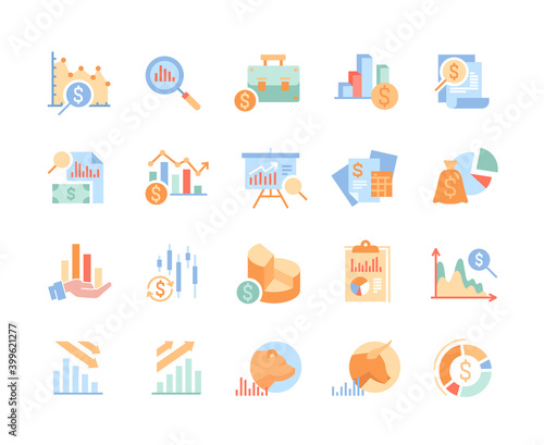 Set of colored financial analytics related vector line icons. Gainers and losers, portfolio analysis, financial report and more. Editable Stroke