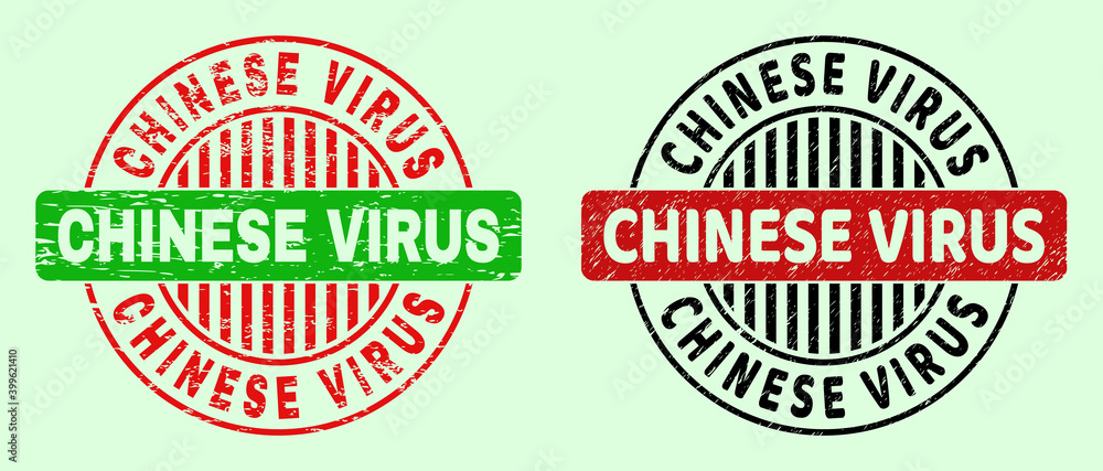 CHINESE VIRUS bicolor round rubber imitations with scratched texture. Flat vector scratched stamps using CHINESE VIRUS text inside circle, in red, black, green colors. Round bicolor seal stamps. CHINESE VIRUS bicolor round rubber imitations with scratched texture. Flat vector scratched stamps using CHINESE VIRUS text inside circle, in red, black, green colors. Round bicolor seal stamps.