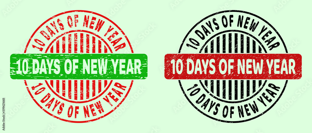 10 DAYS OF NEW YEAR bicolor round imprints with grunge surface. Flat vector distress watermarks with 10 DAYS OF NEW YEAR phrase inside round shape, in red, black, green colors.