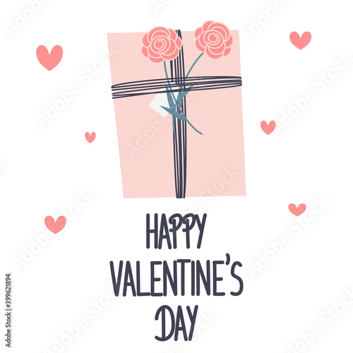 Cute hand drawn lettering happy valentine’s day vector card illustration with romantic gift box and hearts