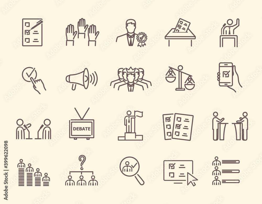 Simple, black and white voting and election icons set. Collection of linear simple web icons. Form, online voting, debate, candidate rating, vote count and others. Editable vector stroke. - obrazy, fototapety, plakaty 