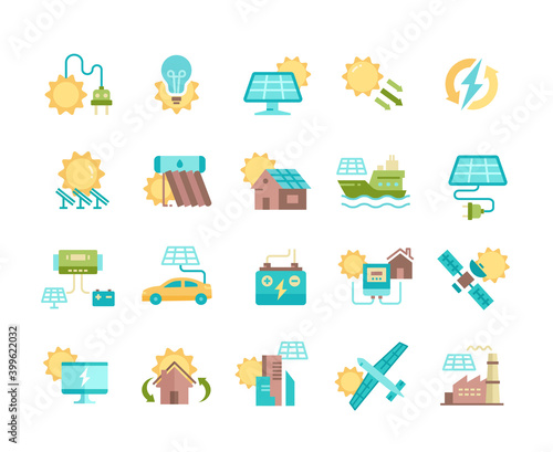 Solar panel colored icon set. Sun power photovoltaic PV home system and renewable electric energy technology editable stroke line signs house, cell, battery, vehicle, aircraft and spacecraft, ship
