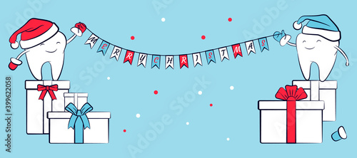 Smiling teeth in a Santa Claus hat with presents, and garland with text "Merry Christmas". Winter holiday symbol, greeting card. A poster of New Year and Christmas greeting for dentistry.