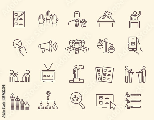 Simple, black and white voting and election icons set. Collection of linear simple web icons. Form, online voting, debate, candidate rating, vote count and others. Editable vector stroke. photo