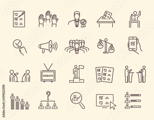 Simple, black and white voting and election icons set. Collection of linear simple web icons. Form, online voting, debate, candidate rating, vote count and others. Editable vector stroke.