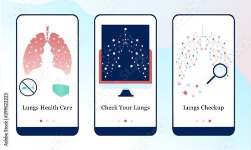 Application design set for Lungs Health Care, Check your Lungs and Lungs Checkup. UI onboarding screens design. Mobile app template web site. Isometric modern vector illustrations for user interface.