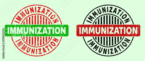 IMMUNIZATION bicolor round watermarks with corroded style. Flat vector textured watermarks with IMMUNIZATION title inside round shape, in red, black, green colors. Round bicolor seal stamps.