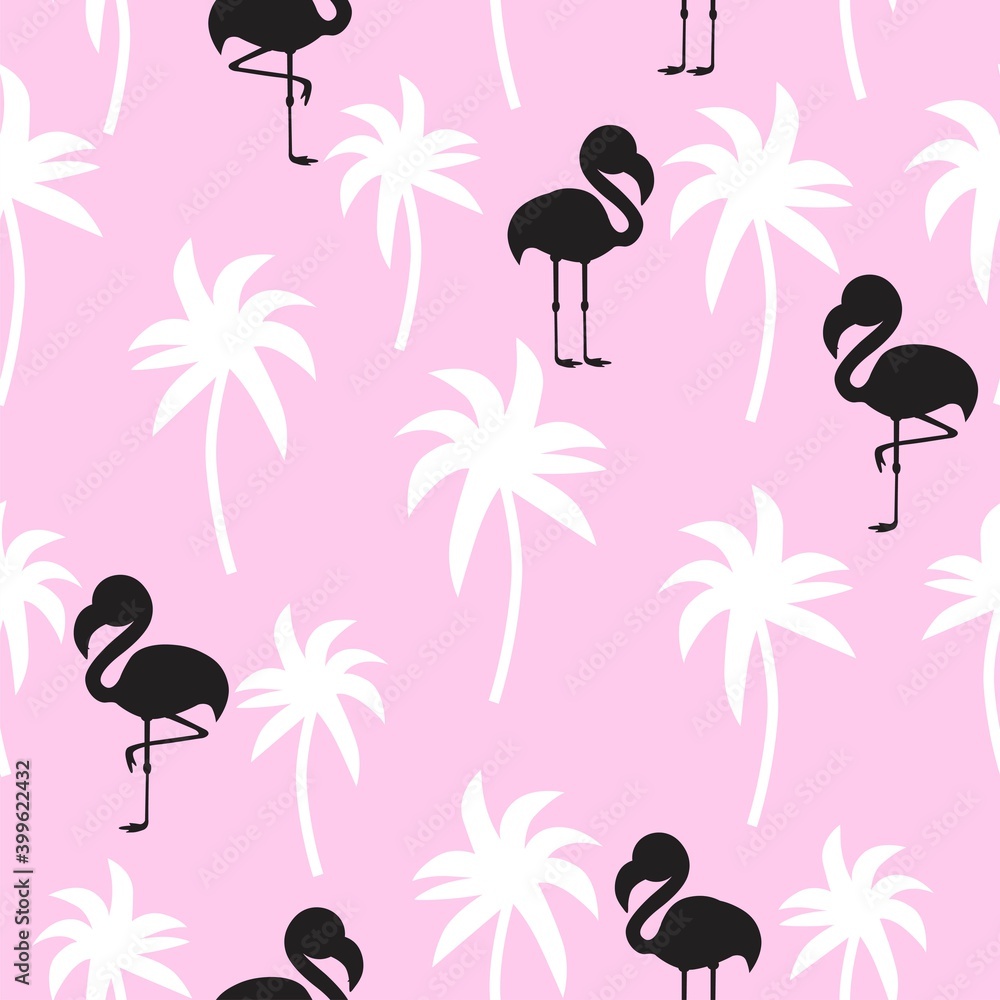White palm tree with black flamingos. Seamless pattern Pink  background illustration.