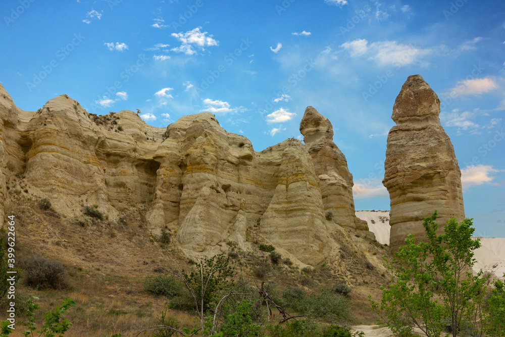 Cappadocia, Turkey, Mountain landscape view, Goreme national park. Love valley