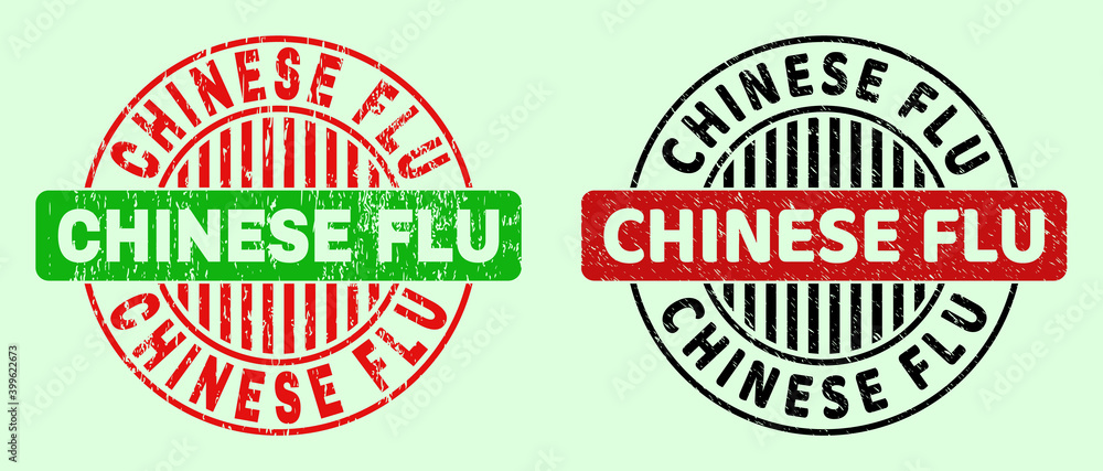 CHINESE FLU bicolor round rubber imitations with unclean texture. Flat vector scratched stamps with CHINESE FLU phrase inside round shape, in red, black, green colors. Round bicolor stamps.