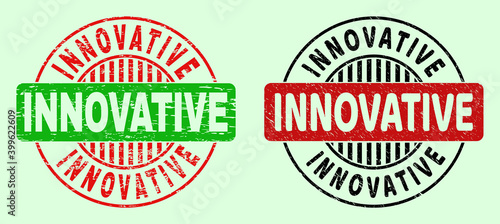 INNOVATIVE bicolor round watermarks with unclean style. Flat vector distress stamps with INNOVATIVE title inside round shape, in red, black, green colors. Rounded bicolor stamps.