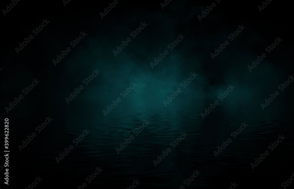 Dramatic dark background. Reflection of light on the water. Smoke Fog, rays, the moon. Empty night scene, landscape, river, clouds. 