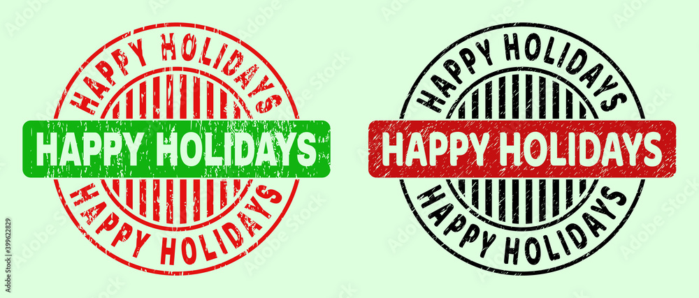HAPPY HOLIDAYS bicolor round imprints with scratched style. Flat vector textured seal stamps with HAPPY HOLIDAYS text inside round shape, in red, black, green colors. Round bicolour seal stamps.