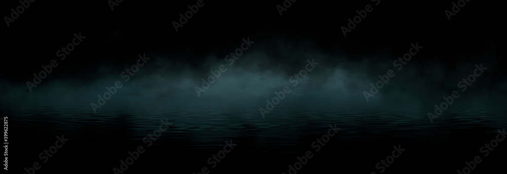 Fototapeta premium Dramatic dark background. Reflection of light on the water. Smoke Fog, rays, the moon. Empty night scene, landscape, river, clouds. 