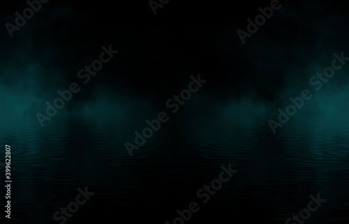 Dramatic dark background. Reflection of light on the water. Smoke Fog, rays, the moon. Empty night scene, landscape, river, clouds. 