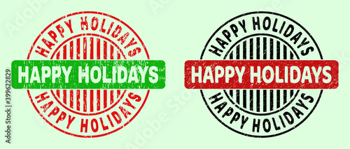 HAPPY HOLIDAYS bicolor round imprints with scratched style. Flat vector textured seal stamps with HAPPY HOLIDAYS text inside round shape, in red, black, green colors. Round bicolour seal stamps.