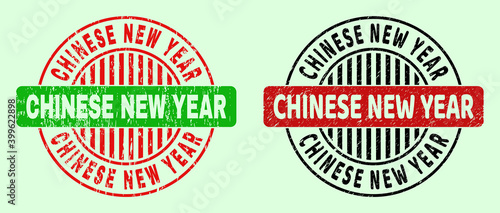 CHINESE NEW YEAR bicolor round watermarks with unclean texture. Flat vector scratched watermarks with CHINESE NEW YEAR message inside round shape, in red, black, green colors. Round bicolor stamps.