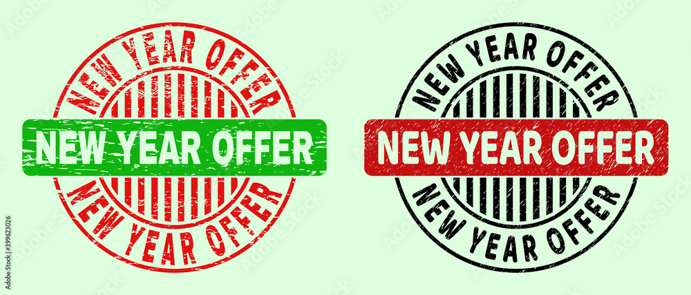 NEW YEAR OFFER bicolor round rubber imitations with corroded style. Flat vector grunge stamps with NEW YEAR OFFER caption inside round shape, in red, black, green colors. Round bicolor watermarks.