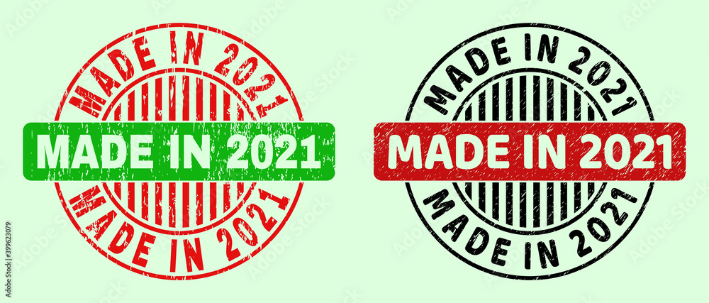 MADE IN 2021 bicolor round rubber imitations with grunged texture. Flat vector scratched seals with MADE IN 2021 phrase inside round shape, in red, black, green colors. Round bicolor seal stamps. MADE IN 2021 bicolor round rubber imitations with grunged texture. Flat vector scratched seals with MADE IN 2021 phrase inside round shape, in red, black, green colors. Round bicolor seal stamps.
