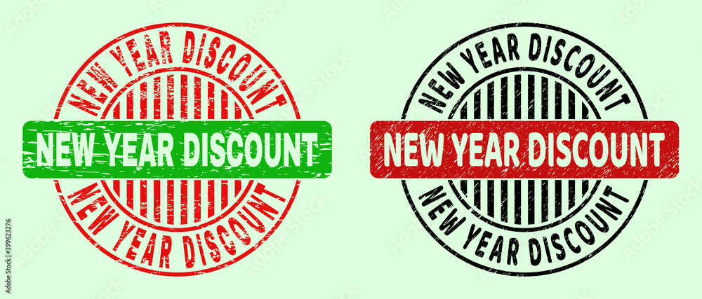NEW YEAR DISCOUNT bicolor round rubber imitations with unclean surface. Flat vector distress watermarks with NEW YEAR DISCOUNT caption inside round shape, in red, black, green colors.