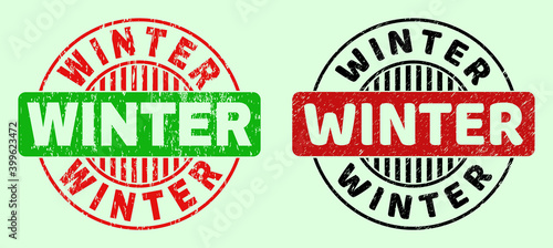 WINTER bicolor round imprints with unclean texture. Flat vector textured seals with WINTER title inside round shape, in red, black, green colors. Round bicolor seals.