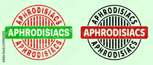 APHRODISIACS bicolor round watermarks with grunge style. Flat vector distress watermarks with APHRODISIACS phrase inside round shape, in red, black, green colors. Round bicolour stamps.