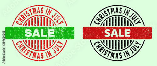 CHRISTMAS IN JULY SALE bicolor round watermarks with distress surface. Flat vector distress watermarks with CHRISTMAS IN JULY SALE message inside circle, in red, black, green colors.