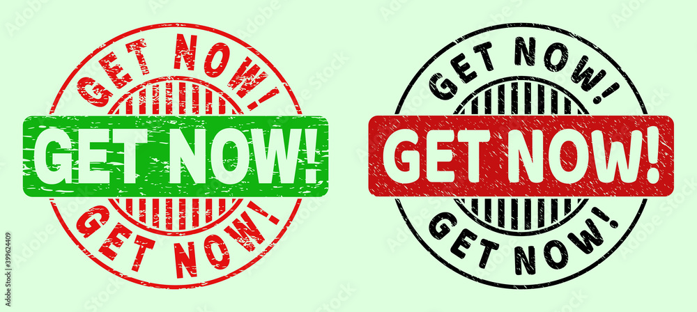 GET NOW! bicolor round watermarks with unclean style. Flat vector grunge stamps with GET NOW! message inside round shape, in red, black, green colors. Round bicolor seal stamps. GET NOW! bicolor round watermarks with unclean style. Flat vector grunge stamps with GET NOW! message inside round shape, in red, black, green colors. Round bicolor seal stamps.
