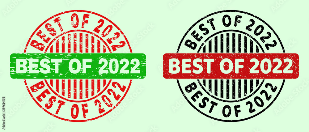 BEST OF 2022 bicolor round imprints with grunge texture. Flat vector distress seal stamps with BEST OF 2022 title inside round shape, in red, black, green colors. Round bicolor stamps.